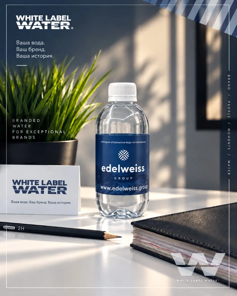 ПЭТ-бутылка воды с синей этикеткой edelweiss group на рабочем столе