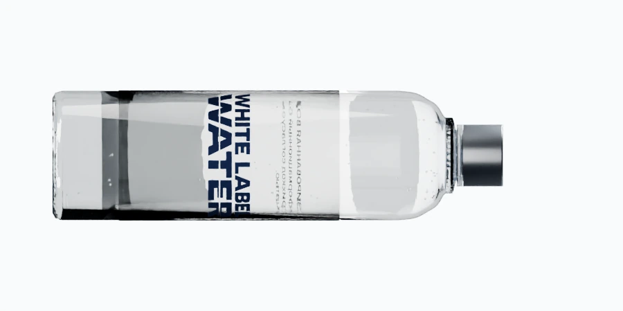 Стеклянная бутылка WHITE LABEL WATER с прозрачной этикеткой, серебряной крышкой и прозрачным отрывным кольцом